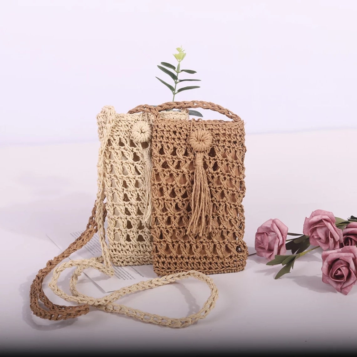 Crochet Raffia Cell Phone Bag Straw Crochet Crossbody Purse | Etsy