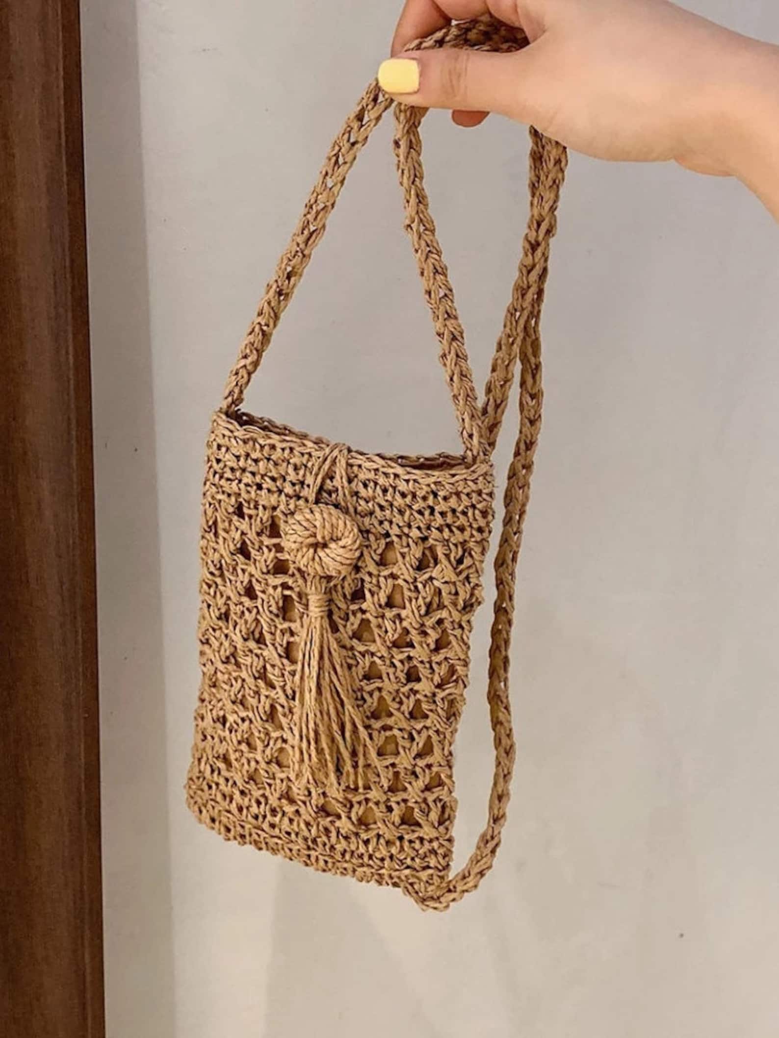Crochet Raffia Cell Phone Bag Straw Crochet Crossbody Purse Etsy