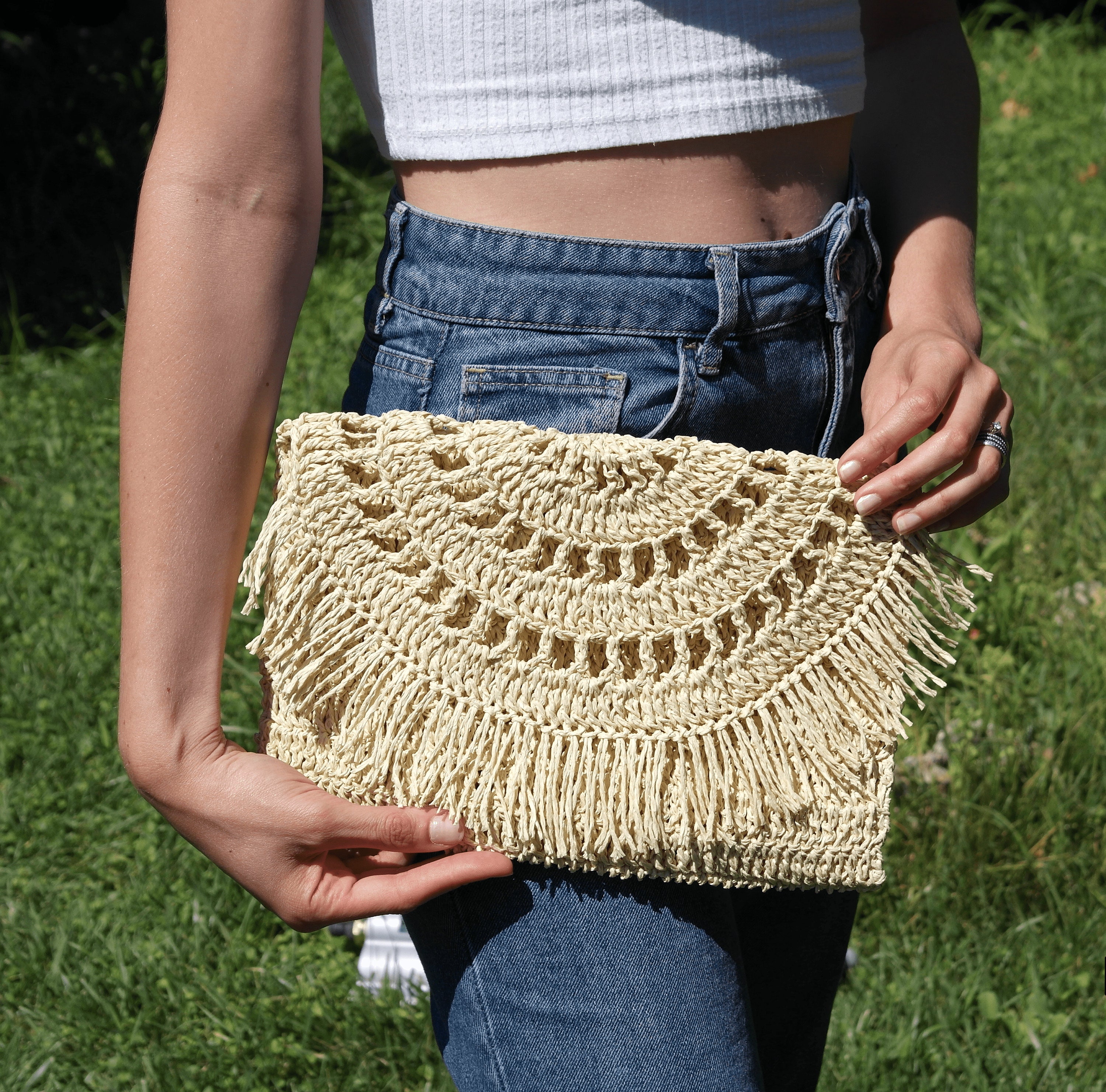 Crochet Raffia Clutch in Natural Summer Fringe Straw Bag Etsy