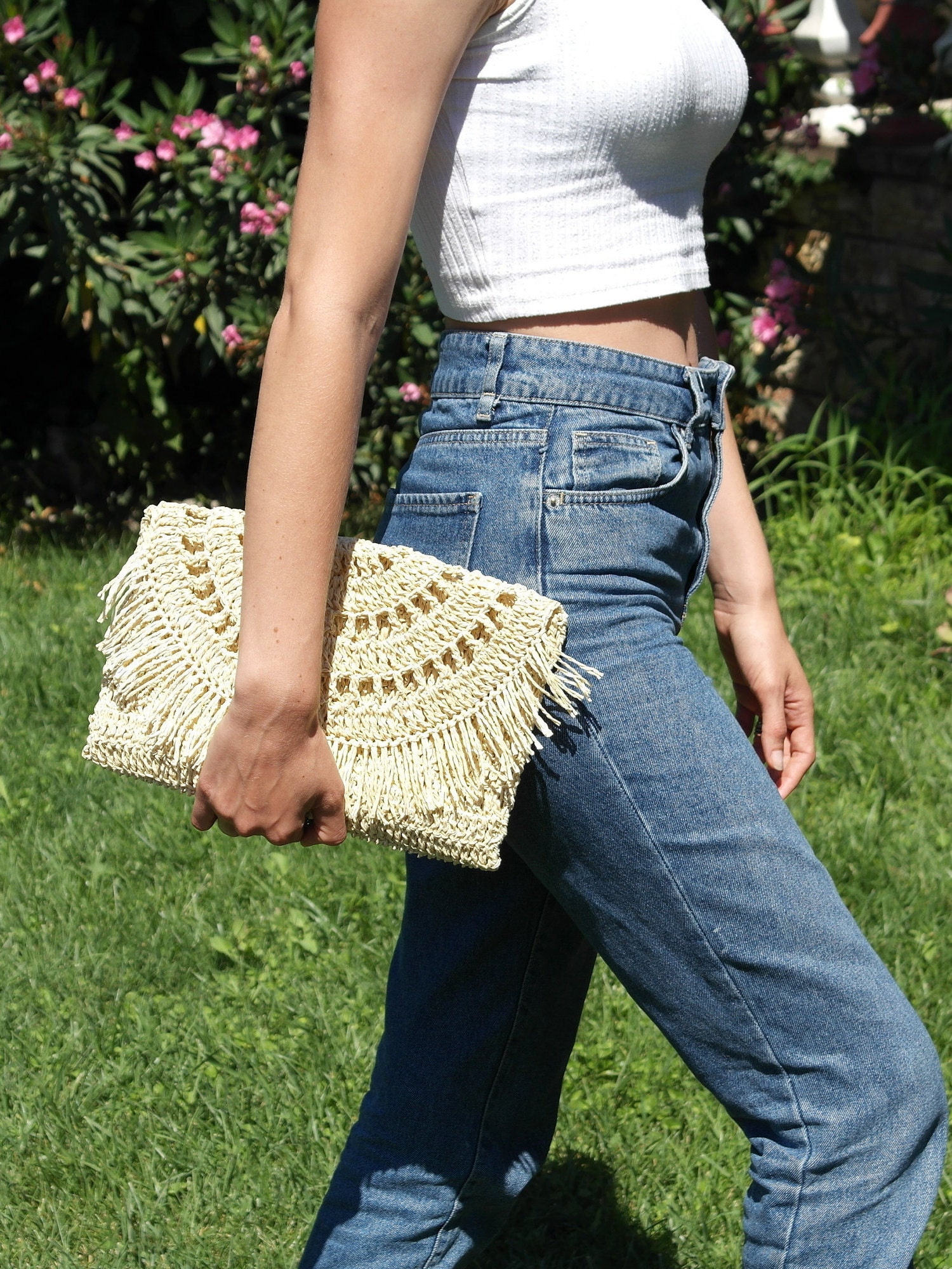 Crochet Raffia Clutch Handbag Natural Raffia Clutch Straw Etsy