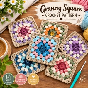 May include: Five square crochet motifs in various color combinations, including pink, purple, blue, orange, and green, each bordered in tan. The text "Granny Square CROCHET PATTERN" is displayed at the top, with three circular icons below.