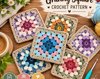 May include: Five square crochet motifs in various colour combinations, including pink, purple, blue, orange, and green, each bordered in tan. The text "Granny Square CROCHET PATTERN" is displayed at the top, with three circular icons below.