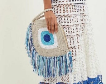 Borsa pochette Evil Eye, borsa pochette Macrame, borsa Evil Eye, pochette con frange blu, borsa estiva Evil Eye, borsa per occhi intrecciata con nappe blu