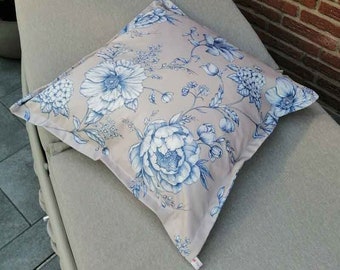 Federa Beige con fiori blu in cotone rivestito - Cuscino da esterno