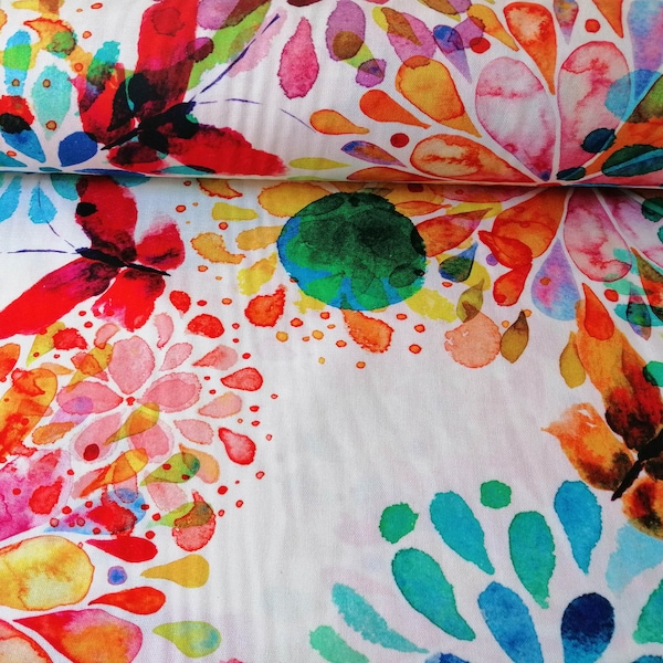 Por el metro / tela de algodón "Flores con mariposa" - para auto-coser con hermosa tela