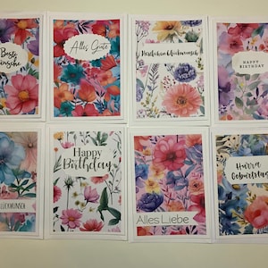 Set van 8 kaarten, aquarelbloemen, Happy Birthday, witte dubbele kaarten en enveloppen, verjaardagsgroeten