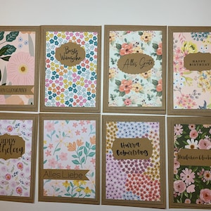8er Karten-Set, bezaubernde Blumen, Happy Birthday, Kraftkarton Doppelkarten und Umschläge, Geburtstagsgrüße