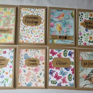 Set van 8 kaarten, motief bloemen, konijn, vogels, bruine dubbele kaarten en enveloppen kraftkarton, Pasen