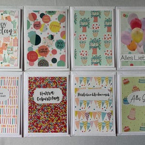 Set van 8 kaarten, motiefballonnen, kaarsen, Happy Birthday, witte dubbele kaarten en enveloppen, verjaardagsgroeten