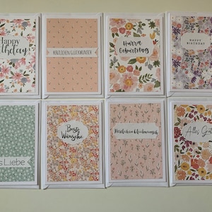 Set van 8 kaarten, delicate bloemen, Happy Birthday, witte dubbele kaarten en enveloppen, verjaardagsgroeten