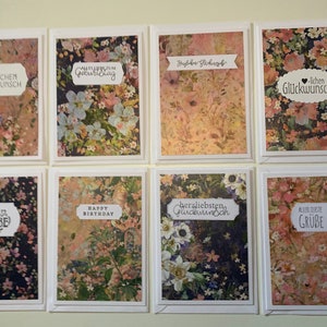Set van 8 kaarten, chique bloemen met glans/glans, crème dubbele kaarten en enveloppen, verjaardagswensen