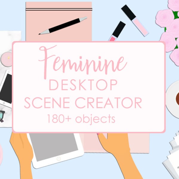 Feminine Desktop Scene Creator | Clip Art Graphics with Movable Objects, Styled Scene Generator, FlatLay Mockup Creator, Top View, Generator