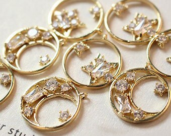 6pcs strass luna Charms 18K oro placcato ottone fascino 15mm ciondolo spacer orecchino collana gioielli forniture (DJ_P_131)