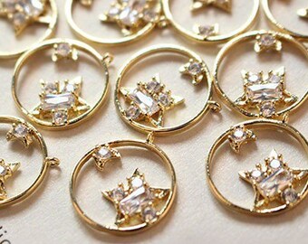 6pcs strass Stella Charms 18K oro placcato ottone fascino 15mm ciondolo distanziale orecchino collana gioielli forniture (DJ_P_132)