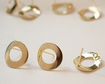 8pcs Circle Gold Earring Post Charms 18K Gold Plated Brass Charm Connector Pendant 14x18mm Earring Post Necklace Jewelry Supplies (DJ_P_159)