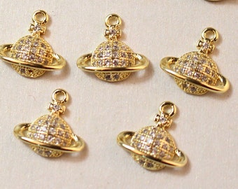 6pcs or strass Saturne charmes 18K or plaqué laiton charme 11 x 12 mm pendentif entretoise Bracelet Collier bijoux fournitures (DJ_P_212)