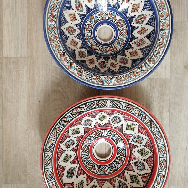 2 Pcs of Moroccan Handmade Ceramic Sink Red and Bleu Colors, Moroccan Washbasin,Ceramics Sink,Pottery Basin,Moroccan Pottery Sink,14inch