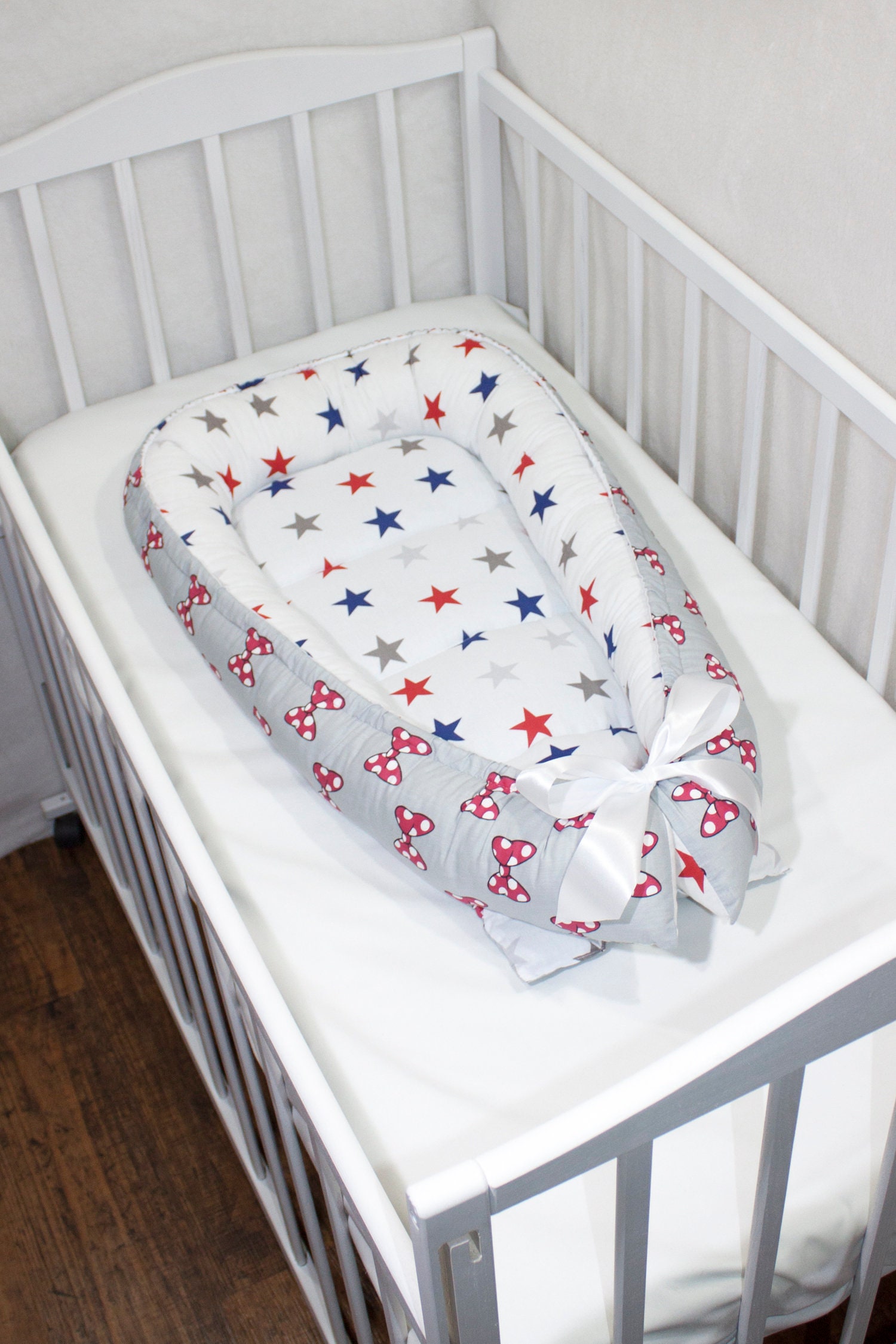 Gray white baby crib with star and bow Baby nest stars Baby Etsy