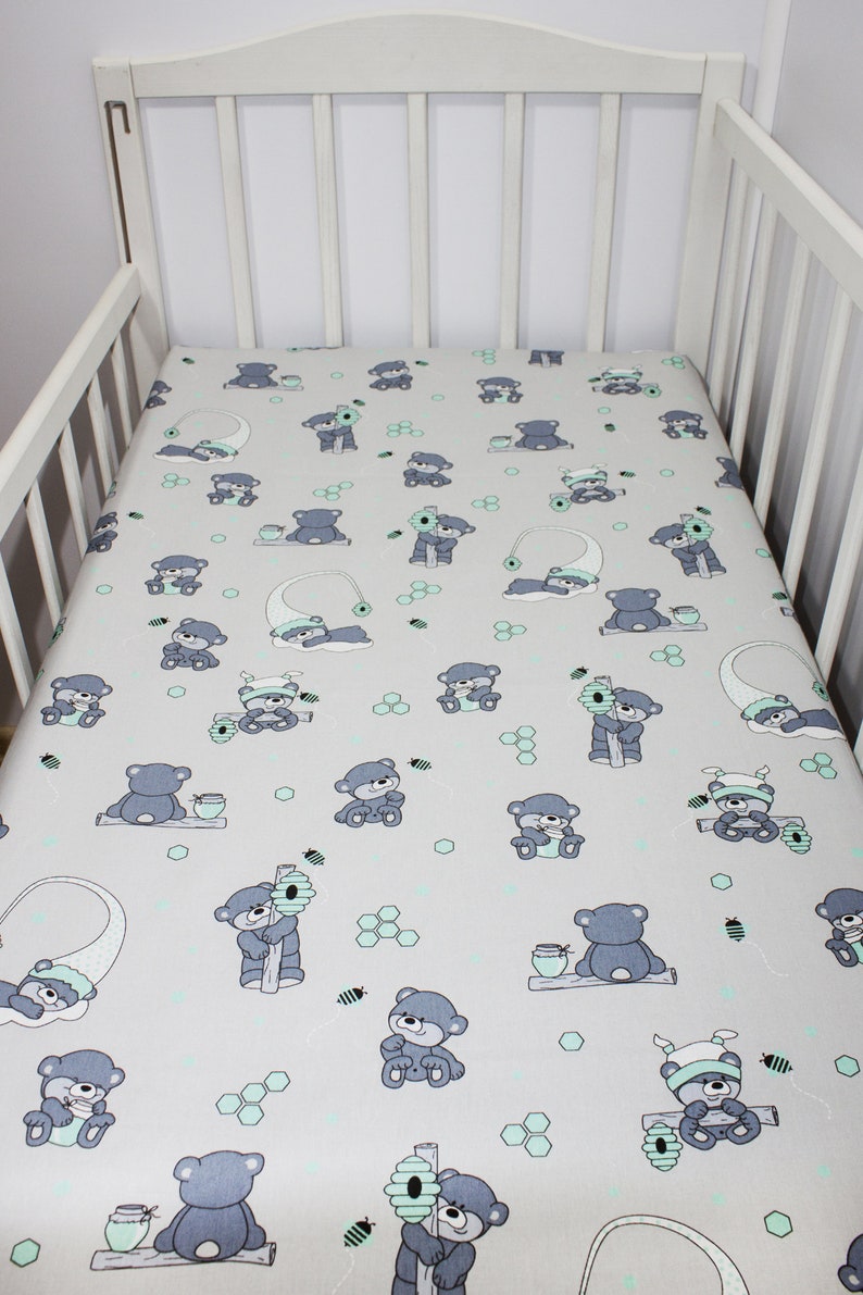 Gray Crib Sheet Teddy Bear Cotton Cot Sheet Neutral Gender Etsy