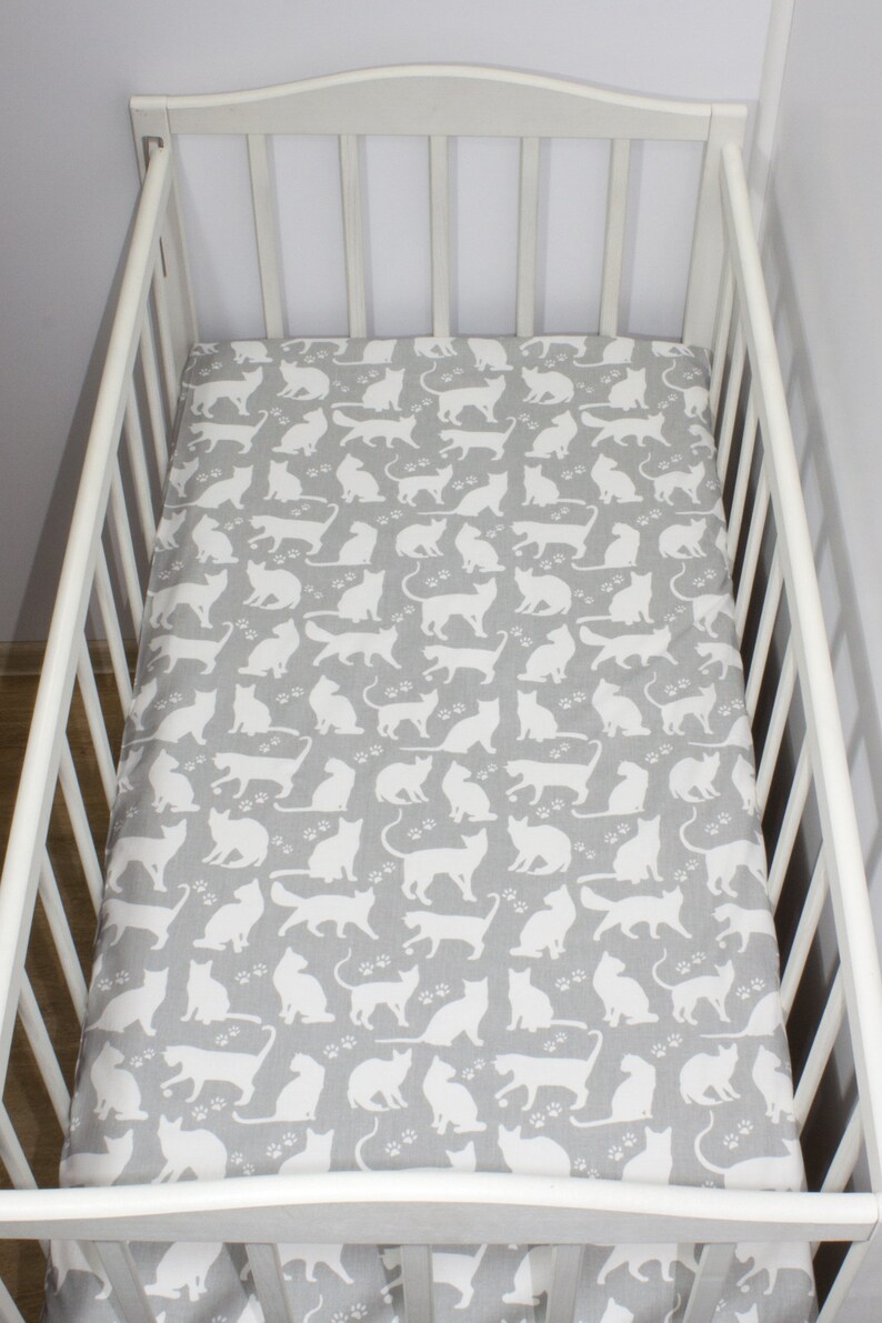 Cotton crib sheet white cat Gray fitted crib sheet Changing pad Cotton crib sheet white cat Gray fitted crib sheet Changing pad