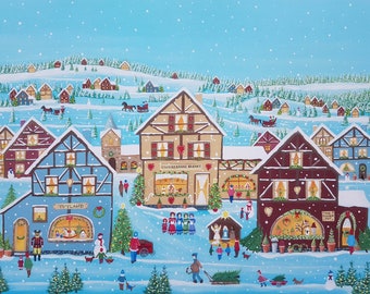 Card: Folk Art "Christmas Shopping in the Village"