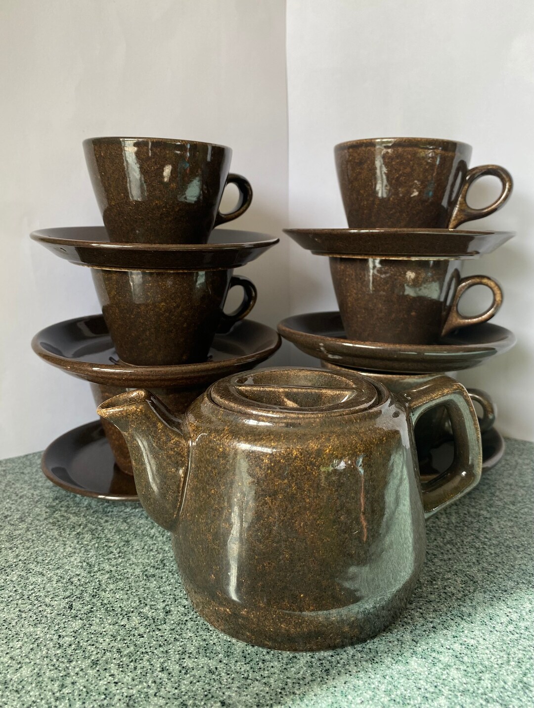 Vintage Miniature Handmade Pottery Tea Set, Brown Tea Set, Pottery Tea