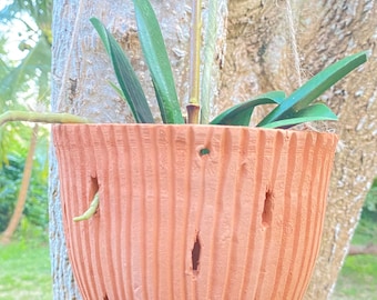 Terracotta Hanging Planter for Plants, Hanging orchid pot. Aztec inspired planter. Pot with Extra Holes for Root Health. Approx 7*6 inches