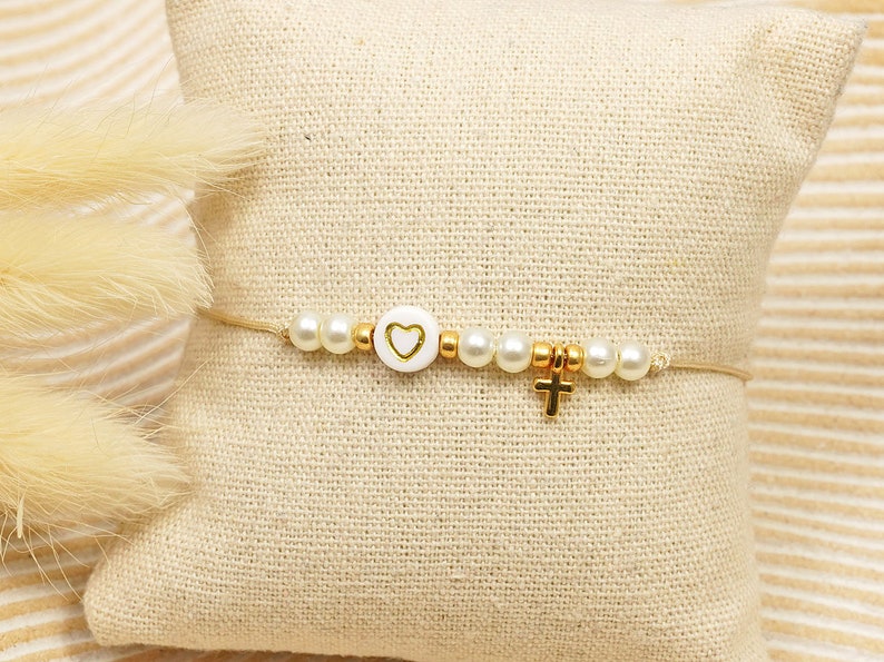 Armband Kreuz Herz Perlenarmband Makramee geflochten Kommunion Konfirmation Freundschaftsarmband Geschenk Freundschaft Liebe Mitbringsel Bild 4