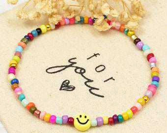 Armband Smiley bunt Freundschaftsarmband Perlenarmband Boho Hippie Glücksbringer Geschenk Liebe Freundschaft Glasperlen Seed Beads handmade