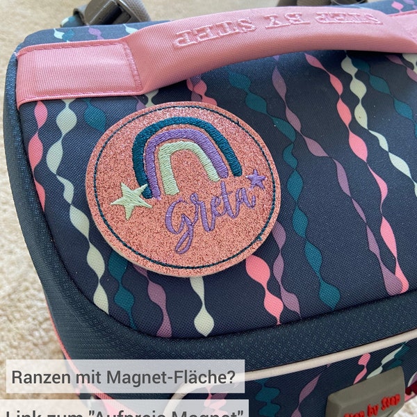 Glitzer Regenbogen mit Namen Schulranzen Klettie Patch Anhänger - viele Farben