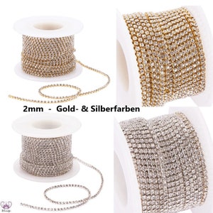 1 m RHINESTONES CHAIN 2 mm gold & silver colored with clear crystal / SALE BY THE METER / rhinestone ribbon rhinestones rhinestone border for sewing or gluing
