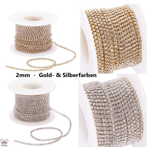 CHAÎNE STRASS 1 m 2 mm colorée or & argent avec cristal incolore / VENTE AU MÈTRE / Ruban strass bordure strass à coudre ou à coller