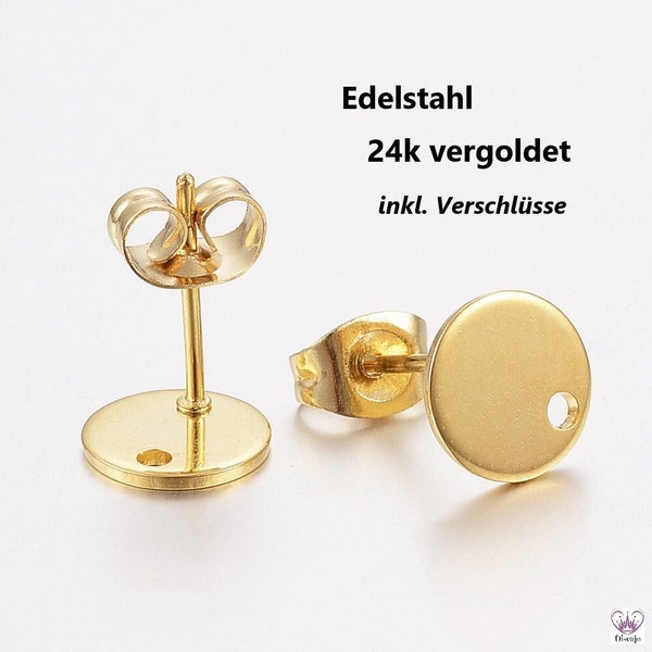 Ohrstecker Set 24k vergoldet EDELSTAHL HYPOALLERGEN mit Platte 8 mm & Öse goldfarben inkl. passender Verschlüsse // 2/ 10/ 50x Packungsgröße