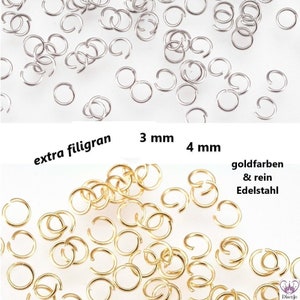 Jump rings STAINLESS STEEL extra filigree Ø 3 & 4 mm gold-colored and pure stainless steel 24/ 26 gauge // 50/ 200x pack size / open jump rings