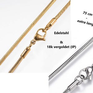 May include: Two snake chain necklaces, one gold and one silver. The gold chain is 18k gold plated stainless steel. The silver chain is stainless steel. Both chains are 75 cm long, which is extra long.