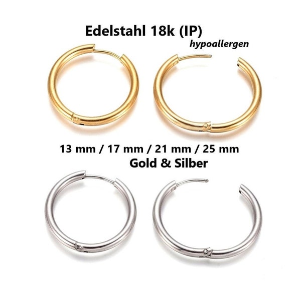 Boucles d'oreilles créoles Huggie STAINLESS STEEL épingle en acier chirurgical hypoallergénique 316L - plaqué or 18 carats (IP) / 13, 17, 21 & 25 mm/ Huggies // 2/ 10x pack size