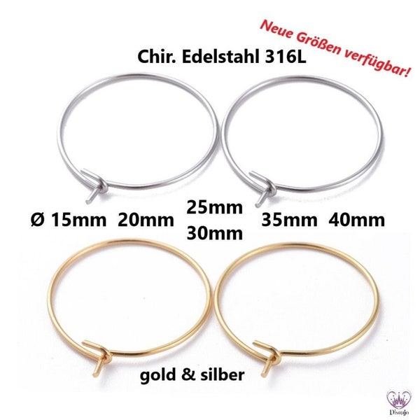 Wine glass rings SURGICAL STAINLESS STEEL 15 - 40 mm hoop earrings / stainless steel (silver) & gold colored / med. Quality/ 21 gauge