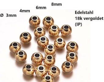 Puede incluir: Una colección de cuentas de metal de color dorado en varios tamaños, que van de 3 mm a 8 mm. Las cuentas están hechas de acero inoxidable con chapado en oro de 18 quilates.
