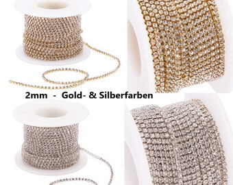 1m STRASSKETTE 2mm Gold- & Silberfarben mit klarem Kristall / METERWARE / Strassband Strasssteine Strass Borte zum Aufnähen oder Aufkleben