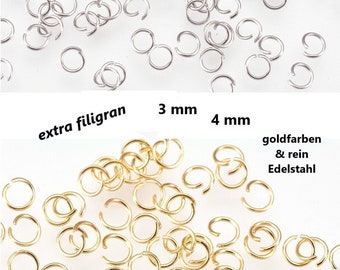 Anelli di salto ACCIAIO INOSSIDABILE filigrana extra Ø 3 e 4 mm color oro e puro acciaio inossidabile calibro 24/ 26 // confezione da 50/ 200x / anellini aperti