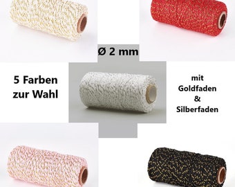 May include: Five spools of twine with gold and silver thread. The twine is available in red, white, black, cream, and pink. Each spool is 2 mm in diameter.
