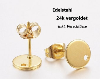 Ohrstecker Set 24k vergoldet EDELSTAHL HYPOALLERGEN mit Platte 8 mm & Öse goldfarben inkl. passender Verschlüsse // 2/ 10/ 50x Packungsgröße