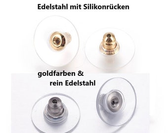 Verschlüsse EDELSTAHL OHRMUTTERN mit Silikonrücken  / Stopper für Ohrstecker // 10/ 30/ 50x Packungsgröße