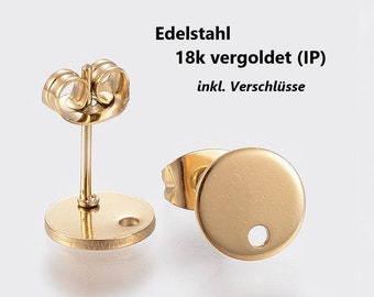Set di orecchini a bottone in ACCIAIO INOSSIDABILE IPOALLERGENICO con placcatura ionica in oro 18k (IP) con piastra da 10 mm e occhiello con chiusure abbinate Farfalle