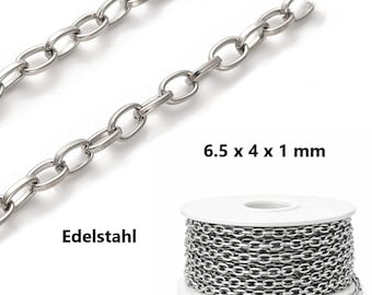 Cadena de cable de 1 m, se vende por metro, acero inoxidable, eslabones abiertos / cadena de eslabones en una sola pieza, cadena para joyería de 6,5 x 4 x 1 mm.