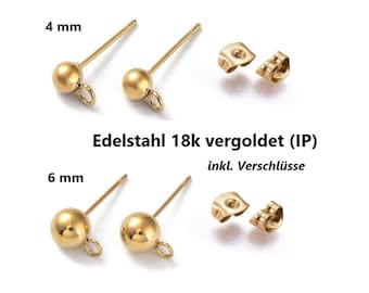 Kogeloorknopjes set ROESTVRIJ STAAL HYPOALLERGENIC met 18k gouden ionenplating (IP) / 4 mm of 6 mm & oogje inclusief bijpassende sluitingen vlinders