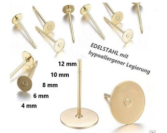 Hypoallergenic stainless steel stud earrings with plate, 4, 6, 8, 10 and 12 mm, gold-colored // without clasps // 20/30/50/100x pack size //