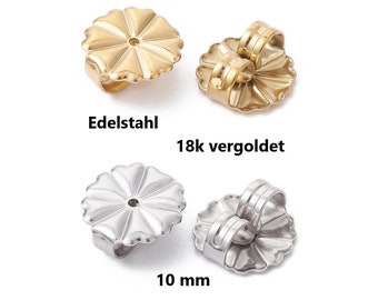 ROESTVRIJ STAAL grote vlindersluitingen BLOEM 10 mm stoppers voor oorstekers / puur roestvrij staal of met 18k goudlaag // oormoeren / 1 paar