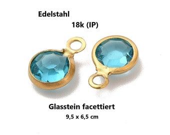 May include: Two gold-plated stainless steel charms with a light blue faceted glass stone. The charms are 9.5 mm by 6.5 mm. The text "18k (IP)" is visible in the image.