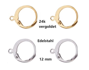 Puede incluir: Dos pares de ganchos para pendientes, un par es chapado en oro y el otro es plateado. El par chapado en oro está etiquetado como "24k vergoldet". El par plateado está etiquetado como "Edelstahl 12 mm".